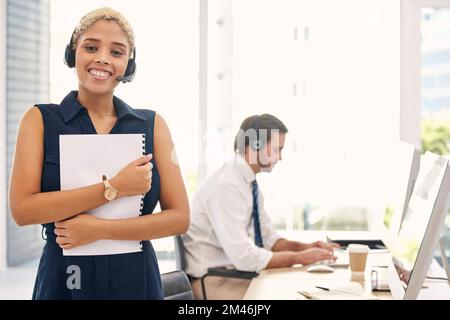 Portrait, manager and black woman in call center, telemarketing and consulting. Client service, team leader and consultant for customer support Stock Photo