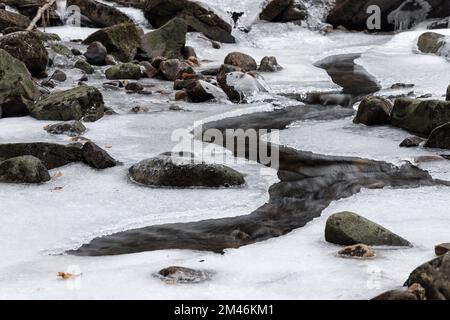 A Partially Frozen Bow Lee Beck below Summerhill Force, Bowlees, North Pennines, Teesdale, County Durham, UK Stock Photo