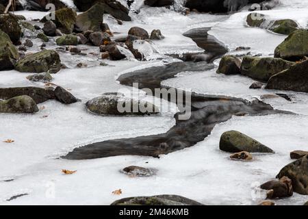 A Partially Frozen Bow Lee Beck below Summerhill Force, Bowlees, North Pennines, Teesdale, County Durham, UK Stock Photo