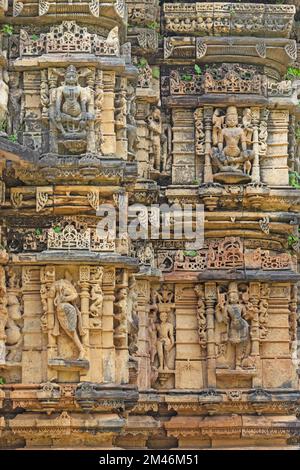 Carving Sculpture of Hindu God on Shri Sharneshwar Mahadev Temple, Polo Forest, Sabarkantha, Gujarat, India. Stock Photo