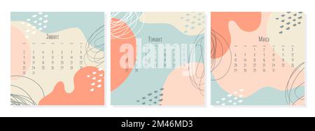 Set of 2023 calendar template by months January February March , calendar cover concept, boho style abstract illustration. Vector illustration Stock Vector