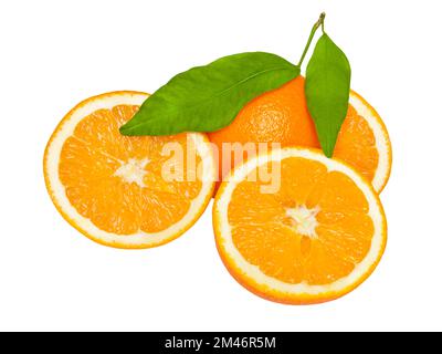Oranges and leaves isolated on white  background Stock Photo