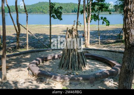Branches pile for campfire in the woods. Stock Photo