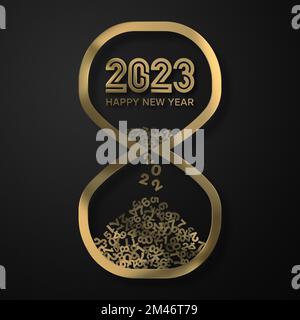 New Year Countdown 2023. Hourglass Indicates Last Seconds of the Year 2022. Goodbye 2022 Hello 2023 Stock Photo