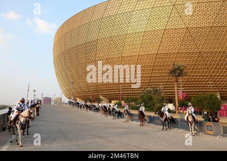 Lusail City, Qatar. 18th Dec, 2022. Arabian horses stand outside the stadium ahead of the 2022 FIFA World Cup Final at Lusail Stadium in Lusail City, Qatar on December 18, 2022. Photo by Chris Brunskill/UPI Credit: UPI/Alamy Live News Stock Photo