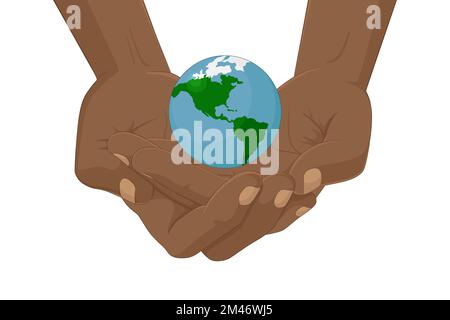African-American man hold Earth in his hands. Vector illustration. Stock Vector
