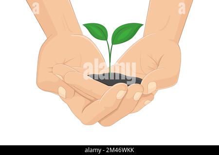 Man hold sprout in his hands. Vector illustration. Stock Vector