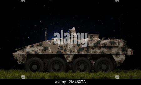 Armored personnel carrier infantry fighting vehicle, armored vehicle at night in the field, camouflage coloring of armored personnel carriers, battlef Stock Photo