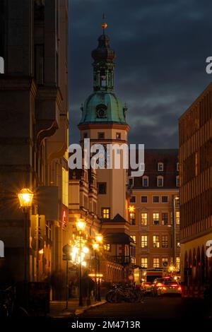 Illuminated Street in front of Old Town Hall in Leizpig (Germany) Stock Photo