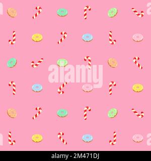 Candy canes and donuts. Sweets background. Vector illustration. Stock Vector