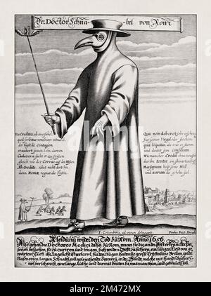 Seventeenth-century illustration by Paul Fürst of a plague doctor in Rome, with a satirical macaronic poem. Stock Photo