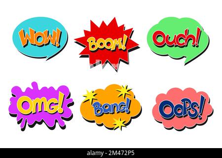 WOW, Boom, Ouch, OMG, Bang, Oops comic text. Pop art style. Vector illustration. Stock Vector