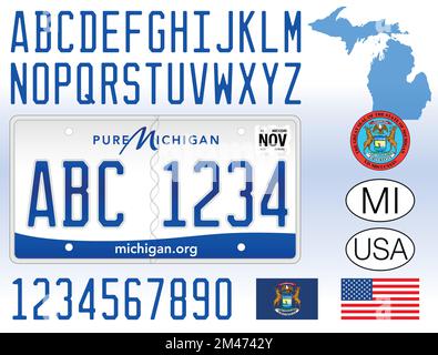 Michigan car license plate, United States of America, letters, numbers and symbols vector illustration Stock Vector