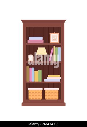Mahogany bookcase with books isolated on white background Stock Vector