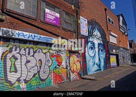 John Lennon, Beatles artwork mural, Cropper Street, Newington, Liverpool, Merseyside, England, UK, L1 4ED Stock Photo