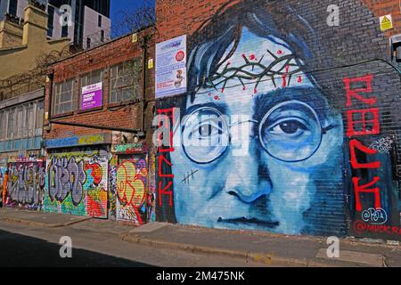 John Lennon, Beatles artwork mural, Cropper Street, Newington, Liverpool, Merseyside, England, UK, L1 4ED Stock Photo