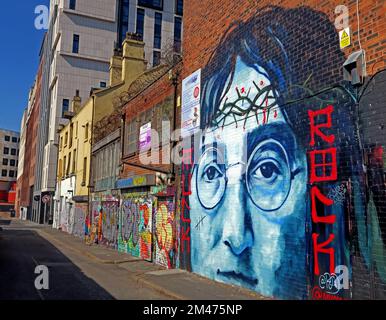 John Lennon, Beatles artwork mural, Cropper Street, Newington, Liverpool, Merseyside, England, UK, L1 4ED Stock Photo