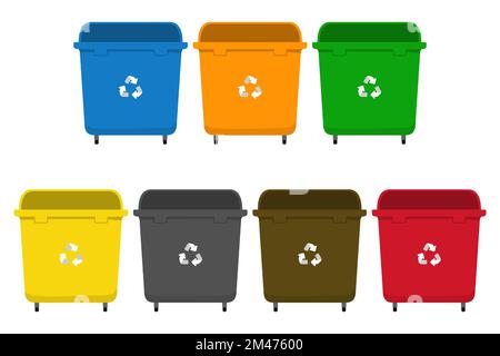 Waste sorting set vector illustration. Big garbage bins for cardboard, plastic, no recycling, paper, hazardous, organic and glass. Stock Vector