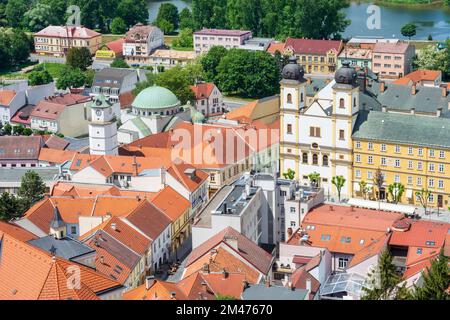 Trencin (Trentschin): Trencin Old Town from castle in , , Slovakia Stock Photo