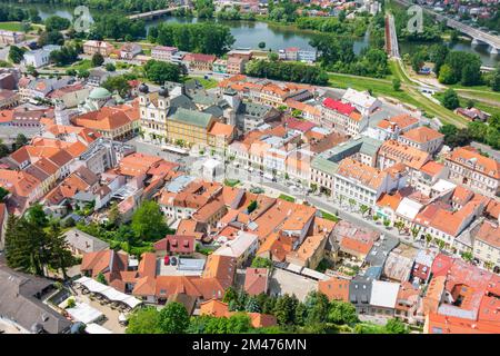 Trencin (Trentschin): Trencin Old Town from castle in , , Slovakia Stock Photo