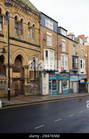 Eastborough with old church and shops in Scarborough Stock Photo