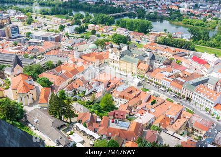 Trencin (Trentschin): Trencin Old Town from castle in , , Slovakia Stock Photo