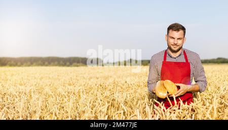 Man wearing apron holding bread in his hands while standing on wheat field. Stock Photo