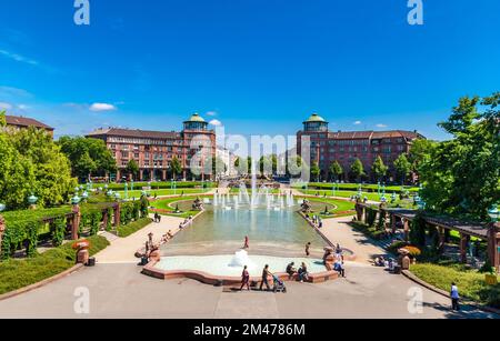 Lovely panoramic view of the water staircase that leads into a large basin with an adjacent fountain on the out-of-town side of the famous Water Tower... Stock Photo