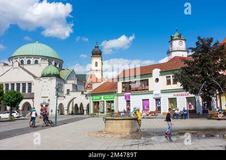 Trencin (Trentschin): Synagogue, Church and monastery of Piarists,, Dolná brána (Lower Gate), square Sturovo namestie in , , Slovakia Stock Photo