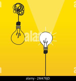 Concept of brainstorming and innovative ideas. Light bulbs on a yellow background, creative process. Leadership and entrepreneurship Stock Vector