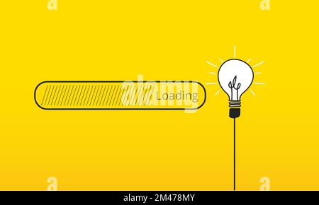 Loading bar in process with a light bulb at the end on a yellow background. Concept of ideas in the process of creation. Stock Vector