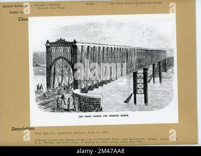 The Great Kansas and Missouri Bridge. Original caption: Combined railway and highway bridge over the Missouri River, near Leavenworth, Kansas. According to L.N. Edwards, the first bridge in America in which tubular piers were used. Stock Photo