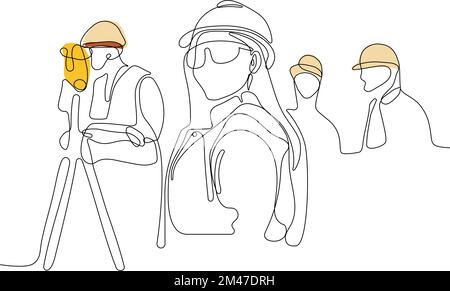 Close up of young Caucasian worker with helmet on head using tablet for work while standing in warehouse. Surveyor with a tripod icon. Geodesic tripod. Vector illustration Stock Vector