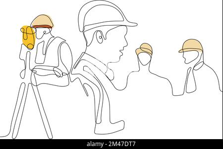 Close up of young Caucasian worker with helmet on head using tablet for work while standing in warehouse. Surveyor with a tripod icon. Geodesic tripod. Vector illustration Stock Vector