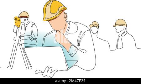 Close up of young Caucasian worker with helmet on head using tablet for work while standing in warehouse. Surveyor with a tripod icon. Geodesic tripod. Vector illustration Stock Vector