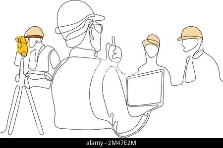 Close up of young Caucasian worker with helmet on head using tablet for work while standing in warehouse. Surveyor with a tripod icon. Geodesic tripod. Vector illustration Stock Vector