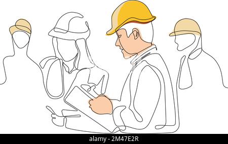 Close up of young Caucasian worker with helmet on head using tablet for work while standing in warehouse. Surveyor with a tripod icon. Geodesic tripod. Vector illustration Stock Vector