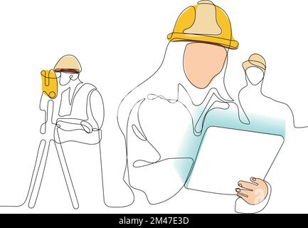 Close up of young Caucasian worker with helmet on head using tablet for work while standing in warehouse. Surveyor with a tripod icon. Geodesic tripod. Vector illustration Stock Vector