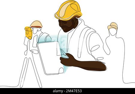Close up of young Caucasian worker with helmet on head using tablet for work while standing in warehouse. Surveyor with a tripod icon. Geodesic tripod. Vector illustration Stock Vector