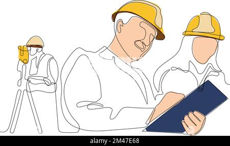 Close up of young Caucasian worker with helmet on head using tablet for work while standing in warehouse. Surveyor with a tripod icon. Geodesic tripod. Vector illustration Stock Vector