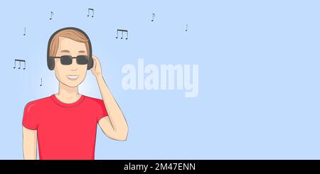 Man enjoying music in headphones. Poster with copy space. Vector. Stock Vector