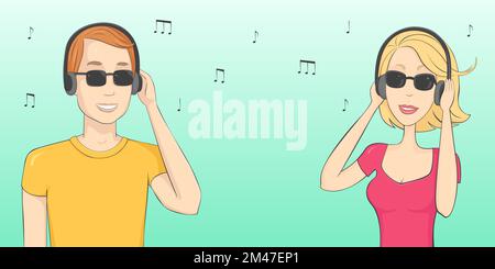 People listening music in headphones. Vector illustration. Stock Vector