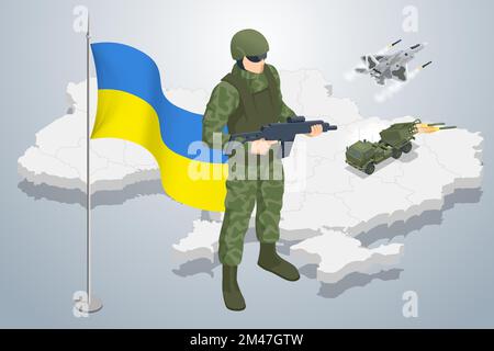 Isometric Ukrainian soldier on the background of the map of Ukraine and the national frag. Special Forces Soldier Police, Swat Team Member. Army Stock Vector