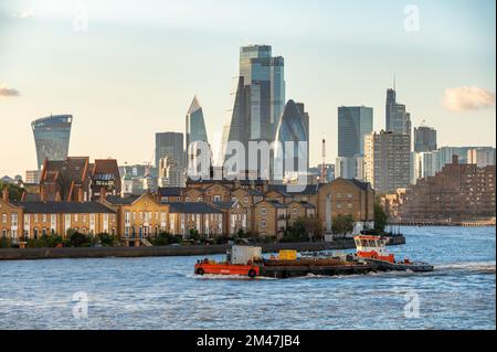 LONDON - November 4, 2020: View of The City of London financial district from Canary Wharf across the River Thames Stock Photo