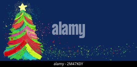 Colourful abstract Christmas tree looks like an oil painting on canvas structure. Splashes and blobs. Vector against blue background. Stock Vector