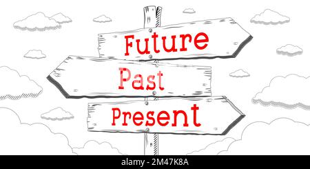 Future, past, present - outline signpost with three arrows Stock Photo