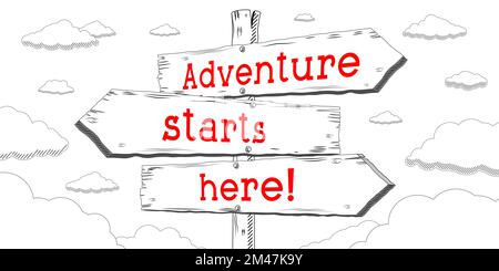Adventure starts here - outline signpost with three arrows Stock Photo