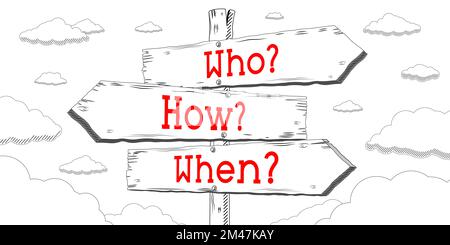 Who, how, when - outline signpost with three arrows Stock Photo - Alamy