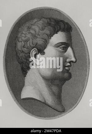 Mark Anthony (Marcus Antonius) (83-30 BC). Roman general and politician of the Republic period. Portrait. Engraving. 'Los Héroes y las Grandezas de la Tierra'. Volume I. 1854. Stock Photo