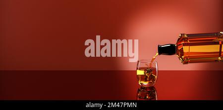 bottle of whiskey / brandy being poured pouring into a glass with ice cubes scotch on the rocks backlit against a red background Stock Photo